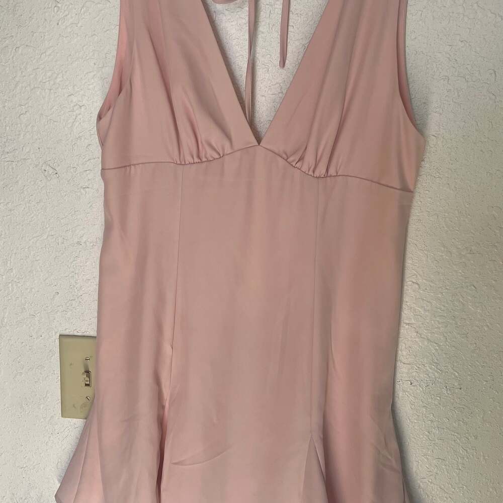 Cider Pink Sleeveless V-Neck Satin Ruffle Mini Dress with Tie Back